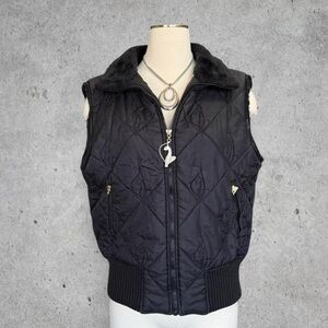 Y2K Baby Phat Black Quilted Vest with Gold Tone Hardware & Real Fur Collar- L